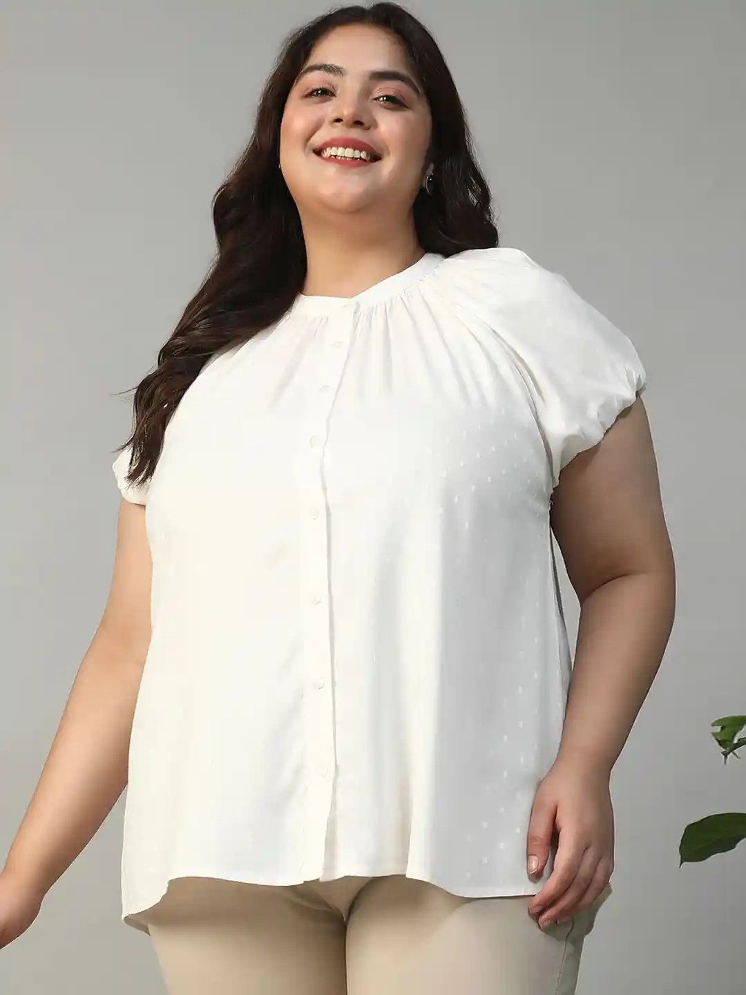 Oxolloxo Plus Size Relaxed Polka Dot Self Design Mandarin Collar Puff  Sleeves Shirt