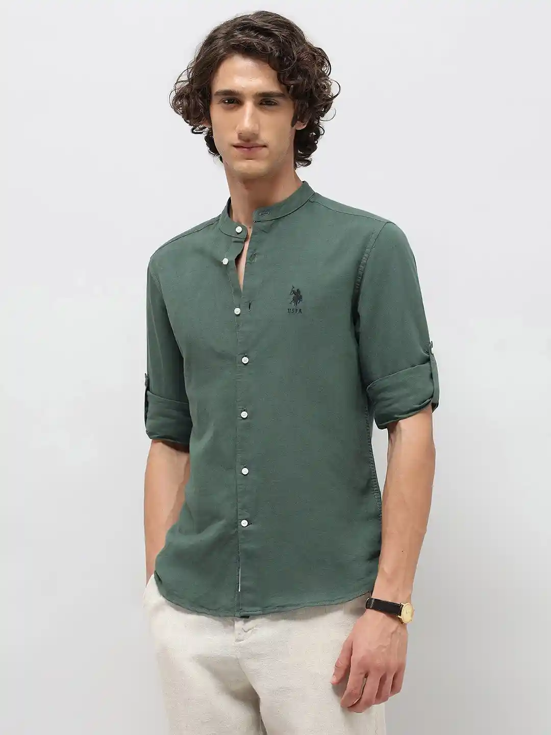 Buy Polo Denim Band Collar Roll-Up Sleeves Cotton