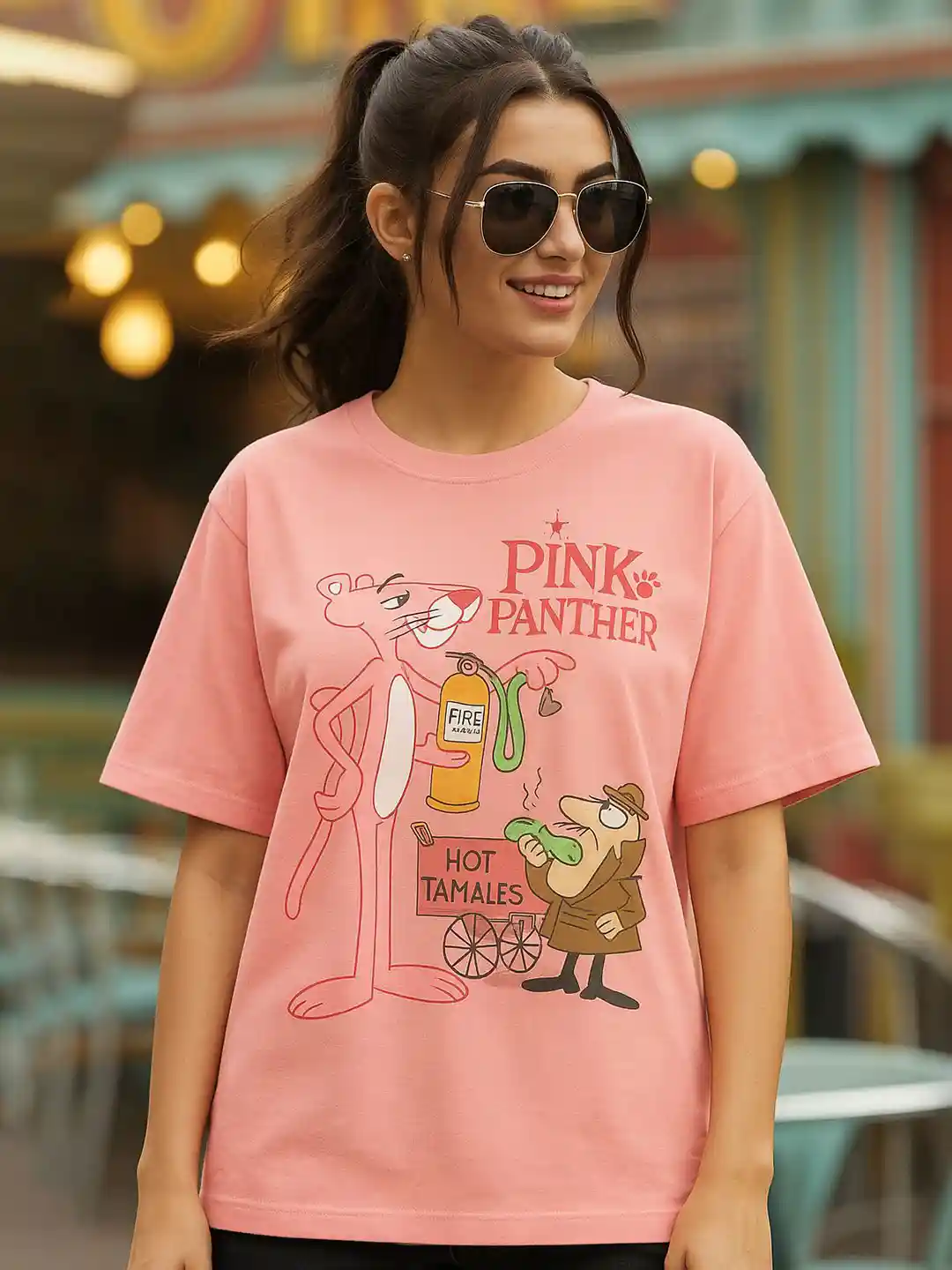 Fabflee Women Pink Panther Character Printed Round Neck Cotton Relaxed Fit  T-shirt