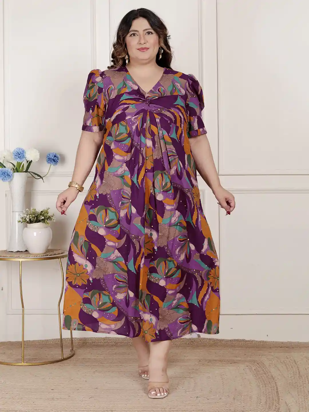 Doriyaan Plus Size Floral Printed Cotton A-Line Midi Dress