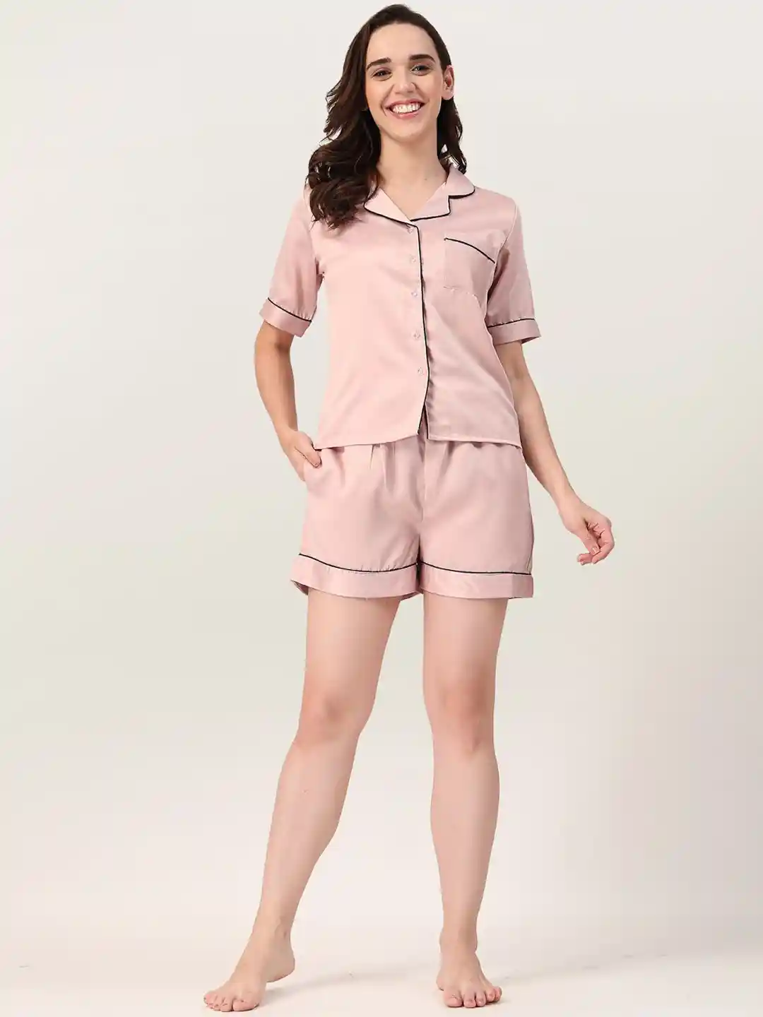 Buy ETC Women Solid Satin Lapel Collar Shirt with Shorts Night
