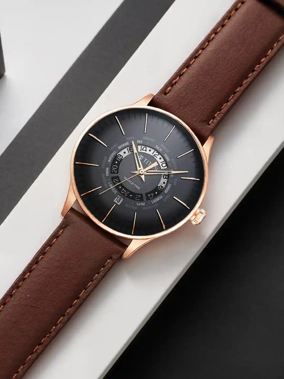 Buy Titan Men Black Dial Brown Leather Straps Analogue Formal