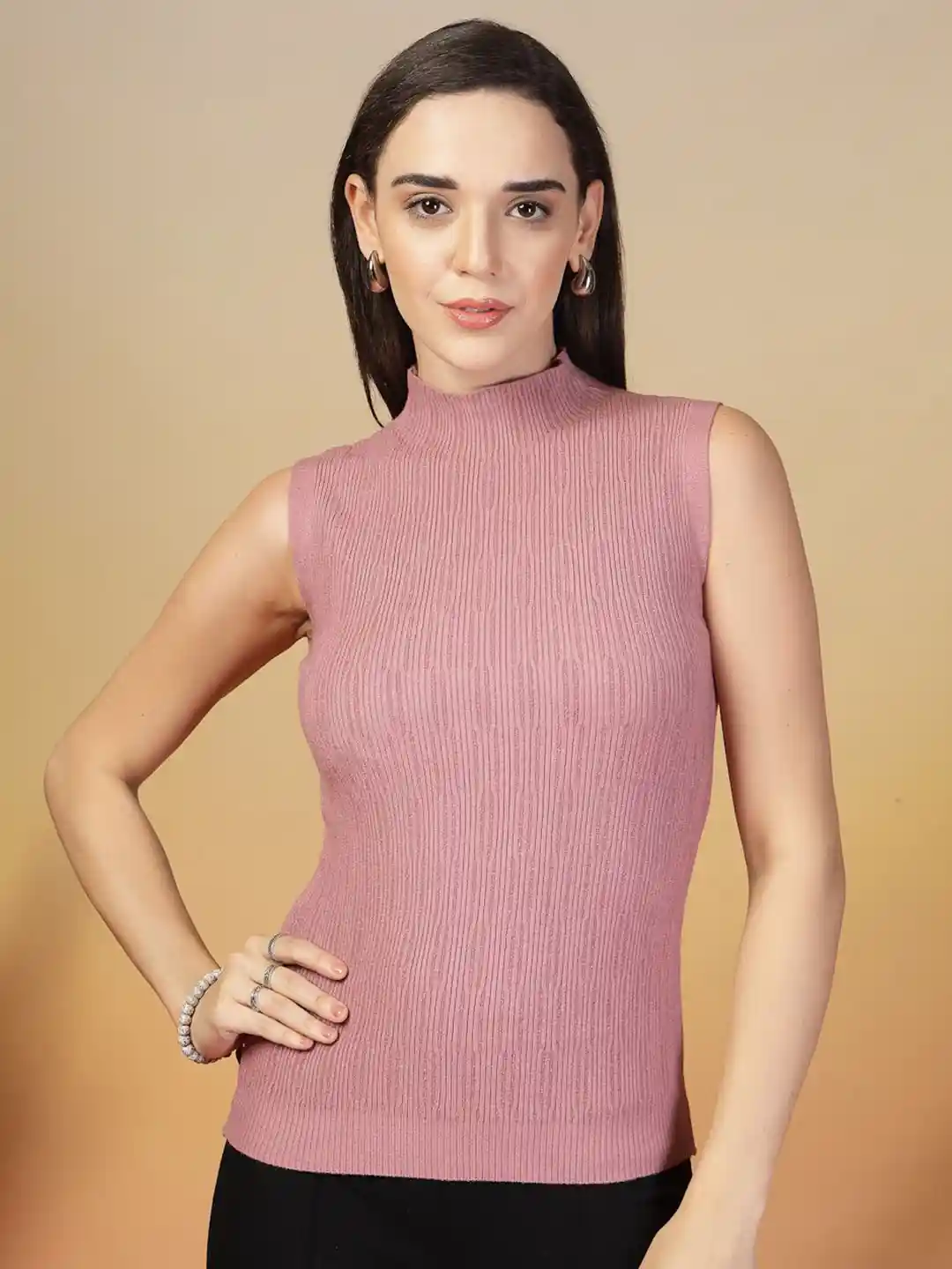 Buy Juelle Women Woollen Ribbed High Neck Sleeveless Sweater Vest