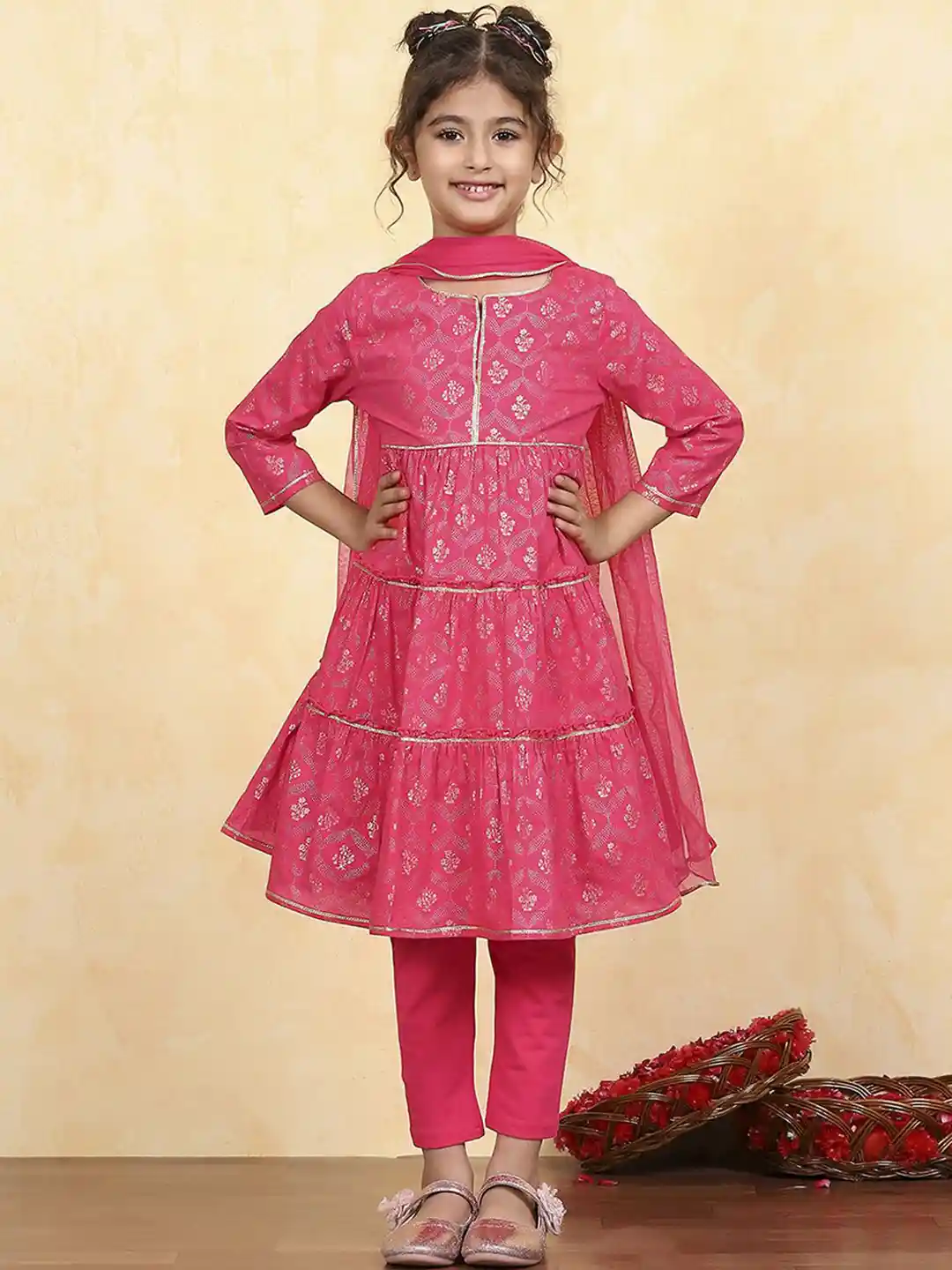 Buy Biba Girls Floral Printed Anarkali Tiered Pure Cotton Kurta