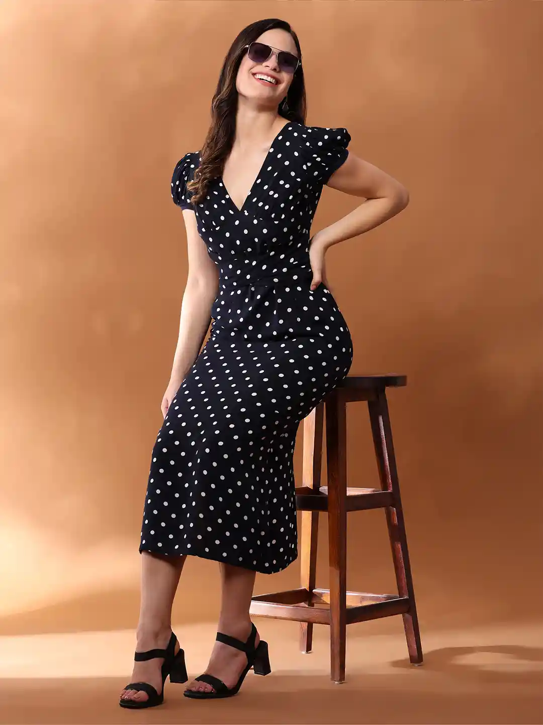 Aanandini Women Polka Dot Printed Puff Sleeve Maxi Midi Dress