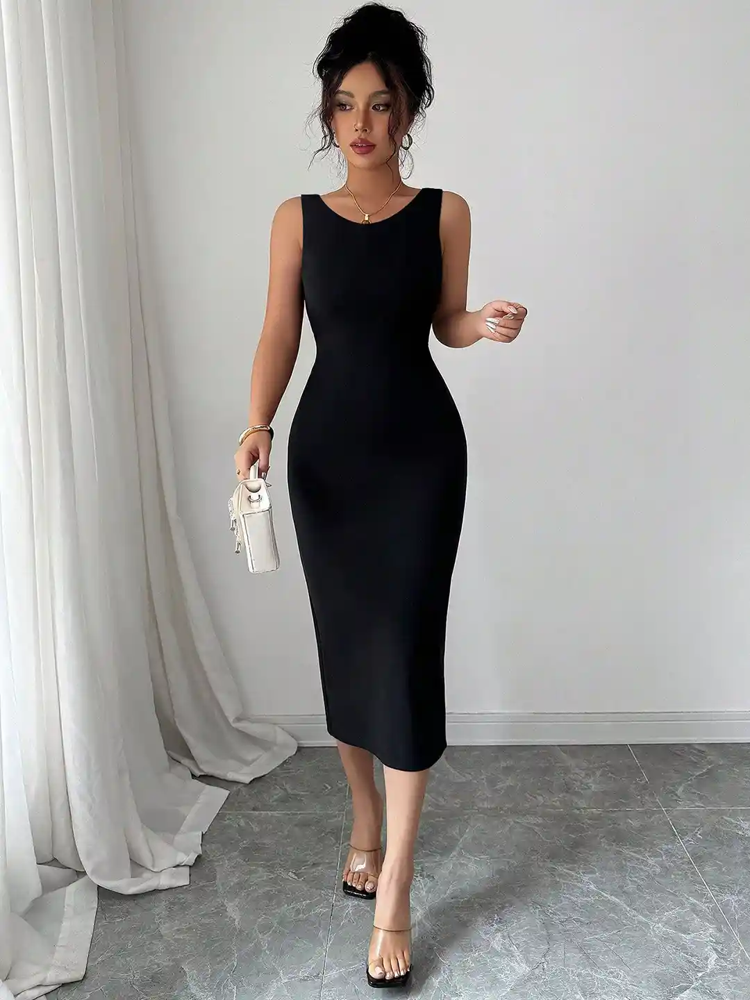 CILIMILI Women Solid Bodycon Midi Dress