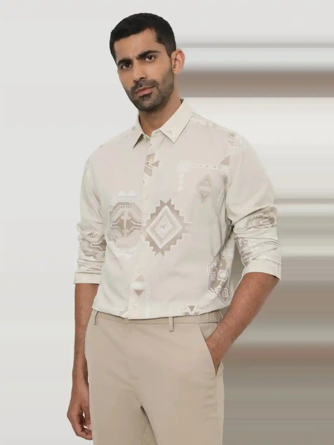 Buy Mufti Slim Fit Geometric Printed Spread Collar Cotton Formal