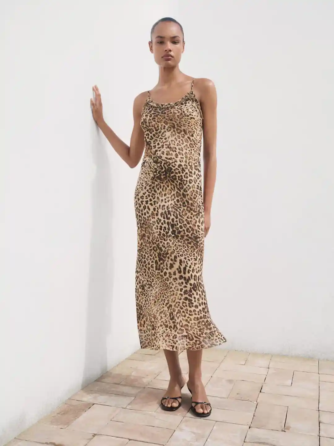 MANGO Animal Print Ruffled A-Line Midi Dress