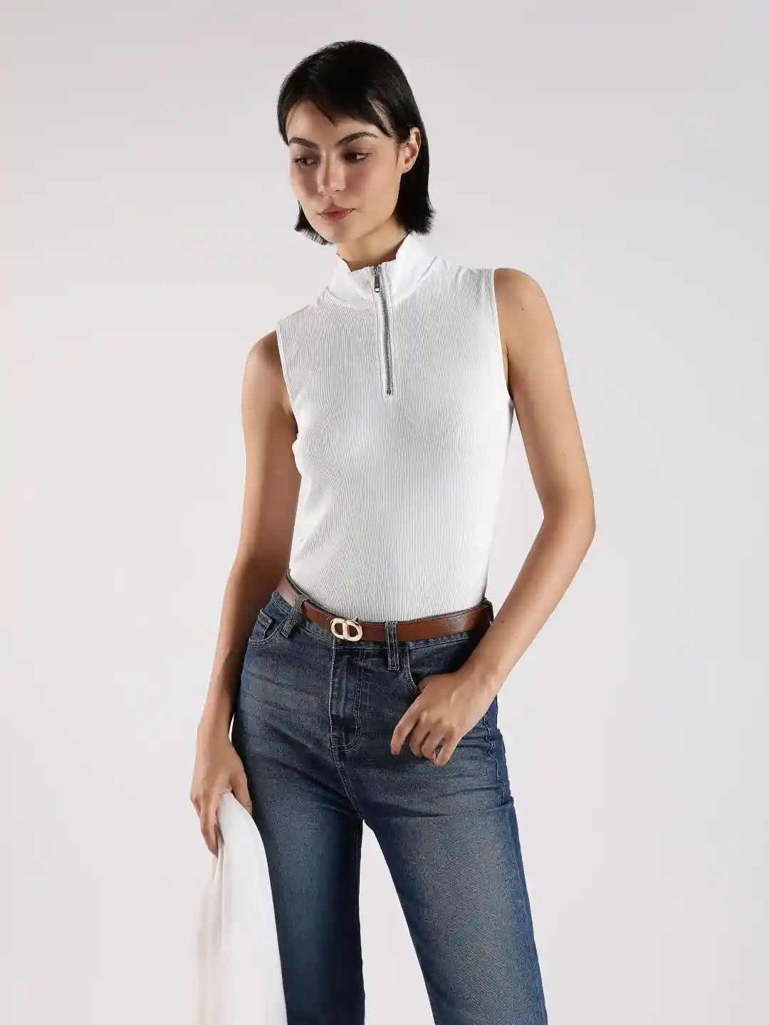 Calvin Klein Women Self Design Slim Fit High Neck Cotton Top