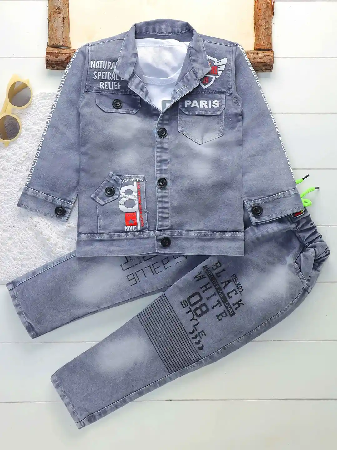 Shirazi Boys Printed Long Sleeves Denim Jacket With Trousers