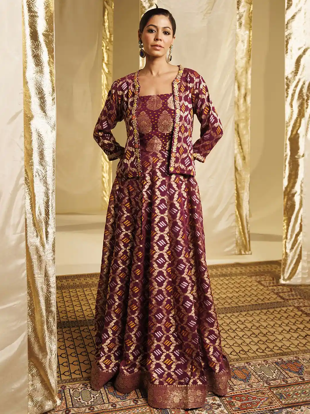 Buy ZARI Woven Design Maxi Gown Dress With Jacket Ethnic Dresses