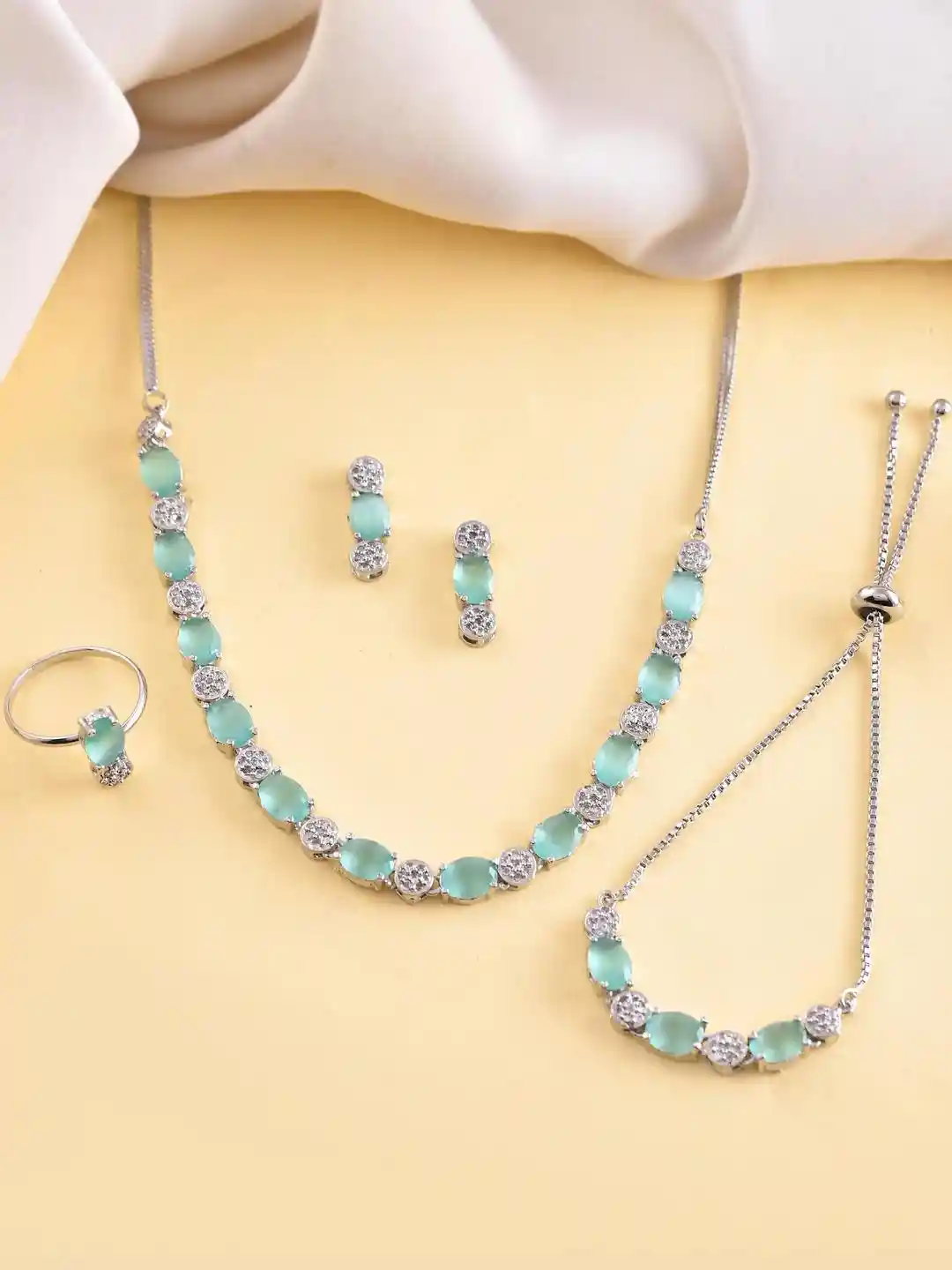 Silver Plated Teal Stone Studded Necklace Set With Ring And bracelet
