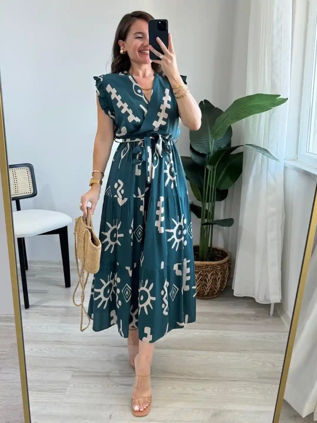 PIMU Women Geometric Print Tie-Ups Flutter Sleeves Wrap Maxi Dress