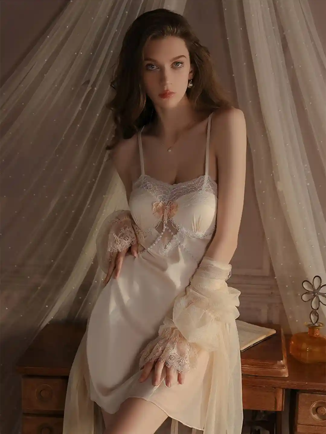 Buy LULU SKY Women Sheer Lace Nightdress with Robe Nightdress