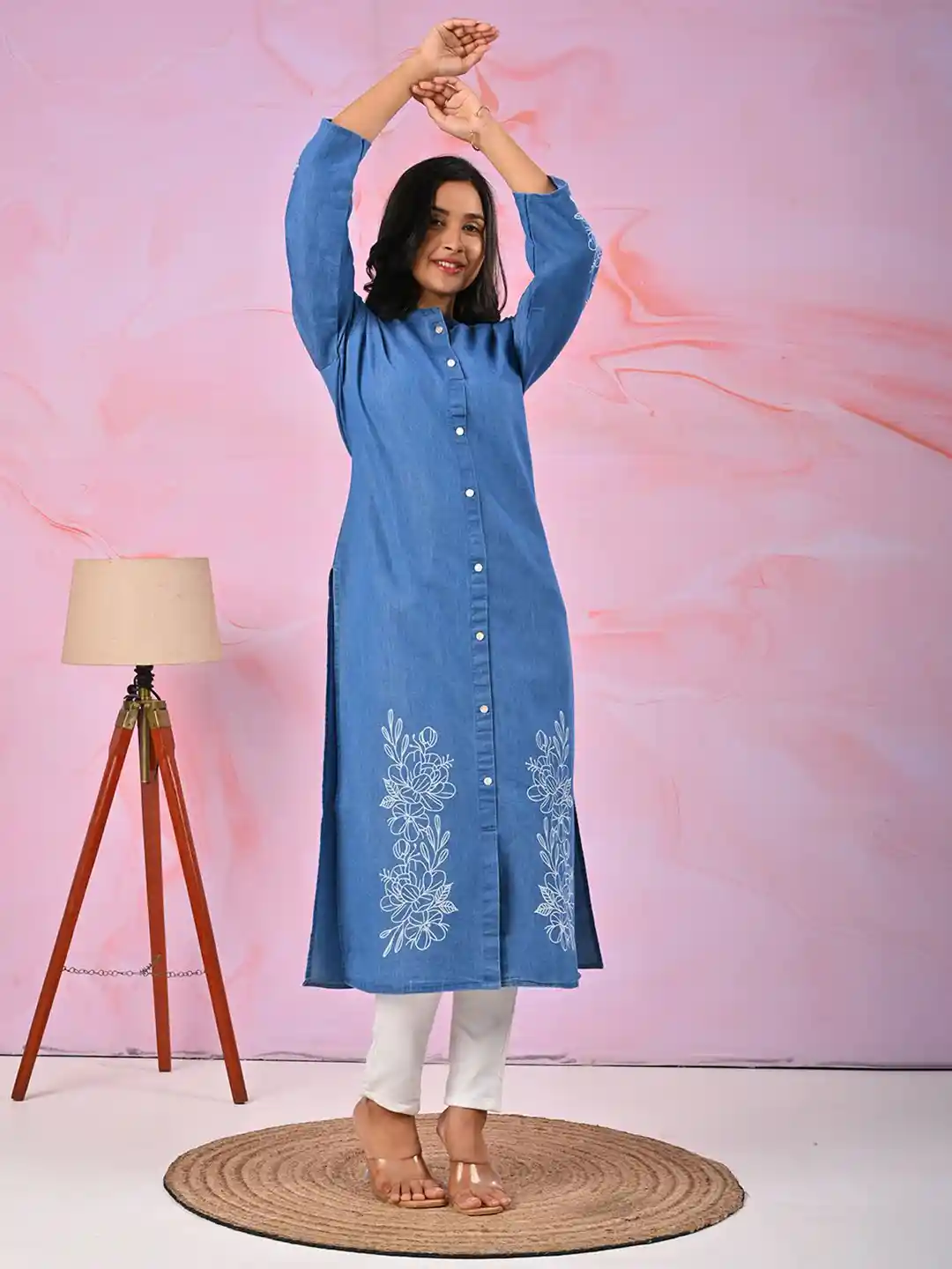 Buy Jevi Prints Women Floral Printed Indigo Denim Kurta Kurtas