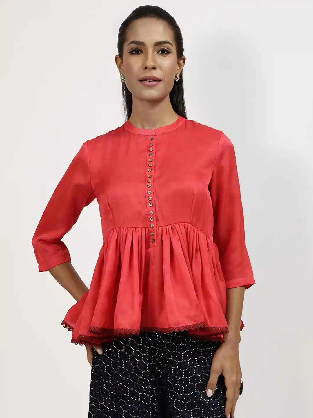 LELA Women Band Collar Pleated Satin Peplum Top With Button Detail