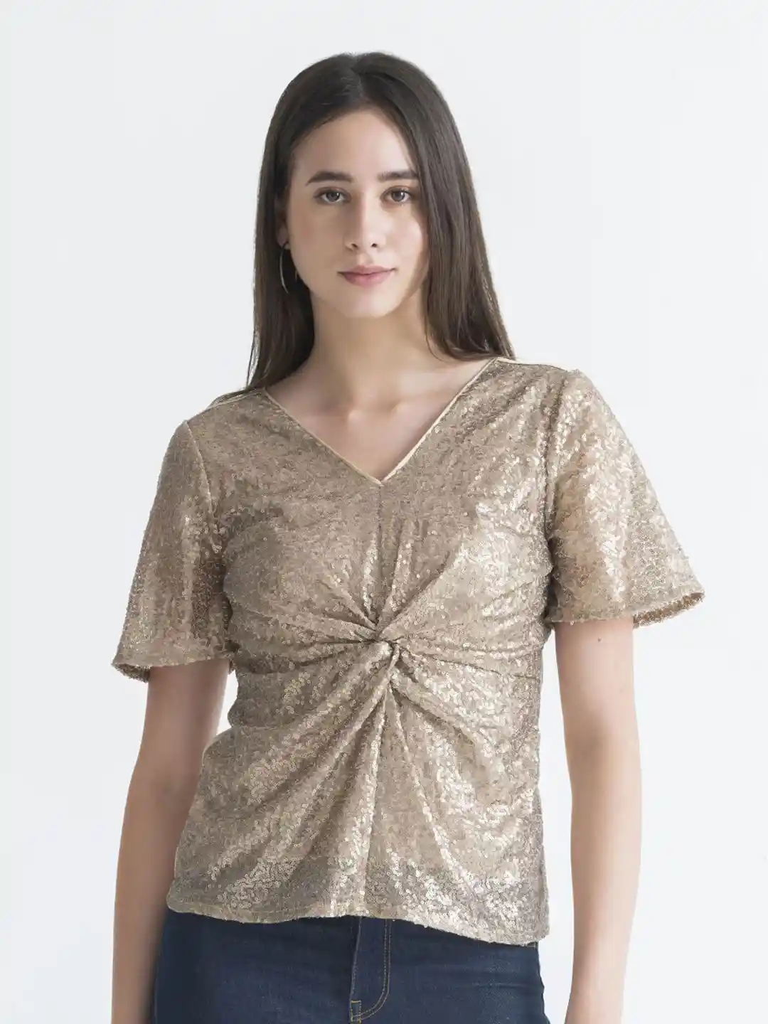 Buy SHAYE Women Embellished V-Neck Sequin Short Sleeves Party Top