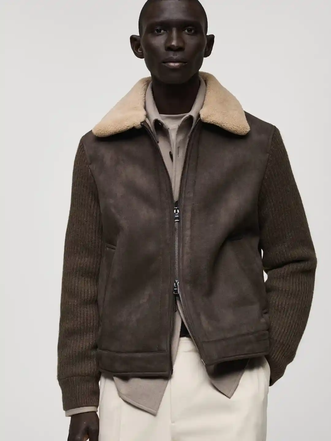 MANGO MAN Fleece Spread Collar Straight Fit Parka Jacket with Contrasting  Ribbed Sleeves