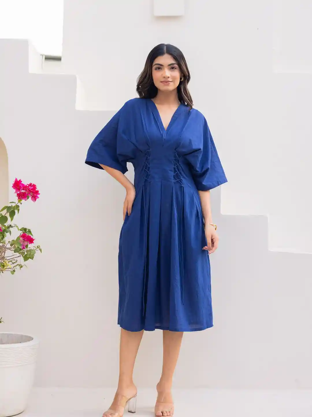 Buy Ambraee Women Solid Kimono Sleeve Fit Flare Cotton Midi