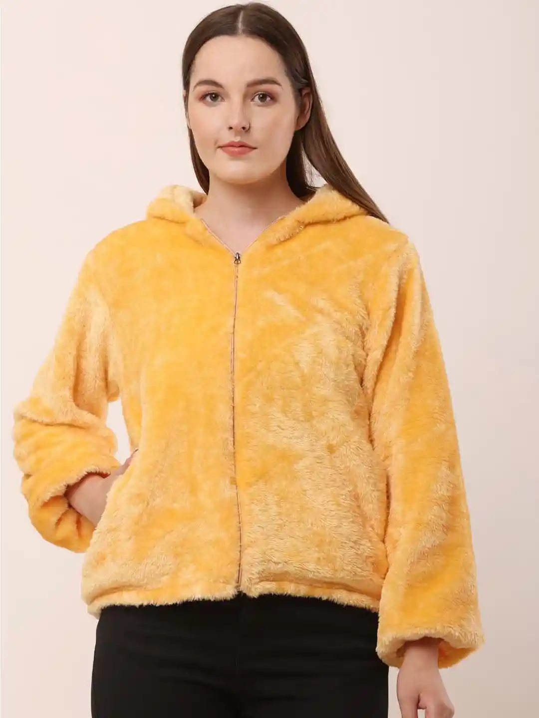 Yellow Self Design Hooded Lightweight Jacket with Zip