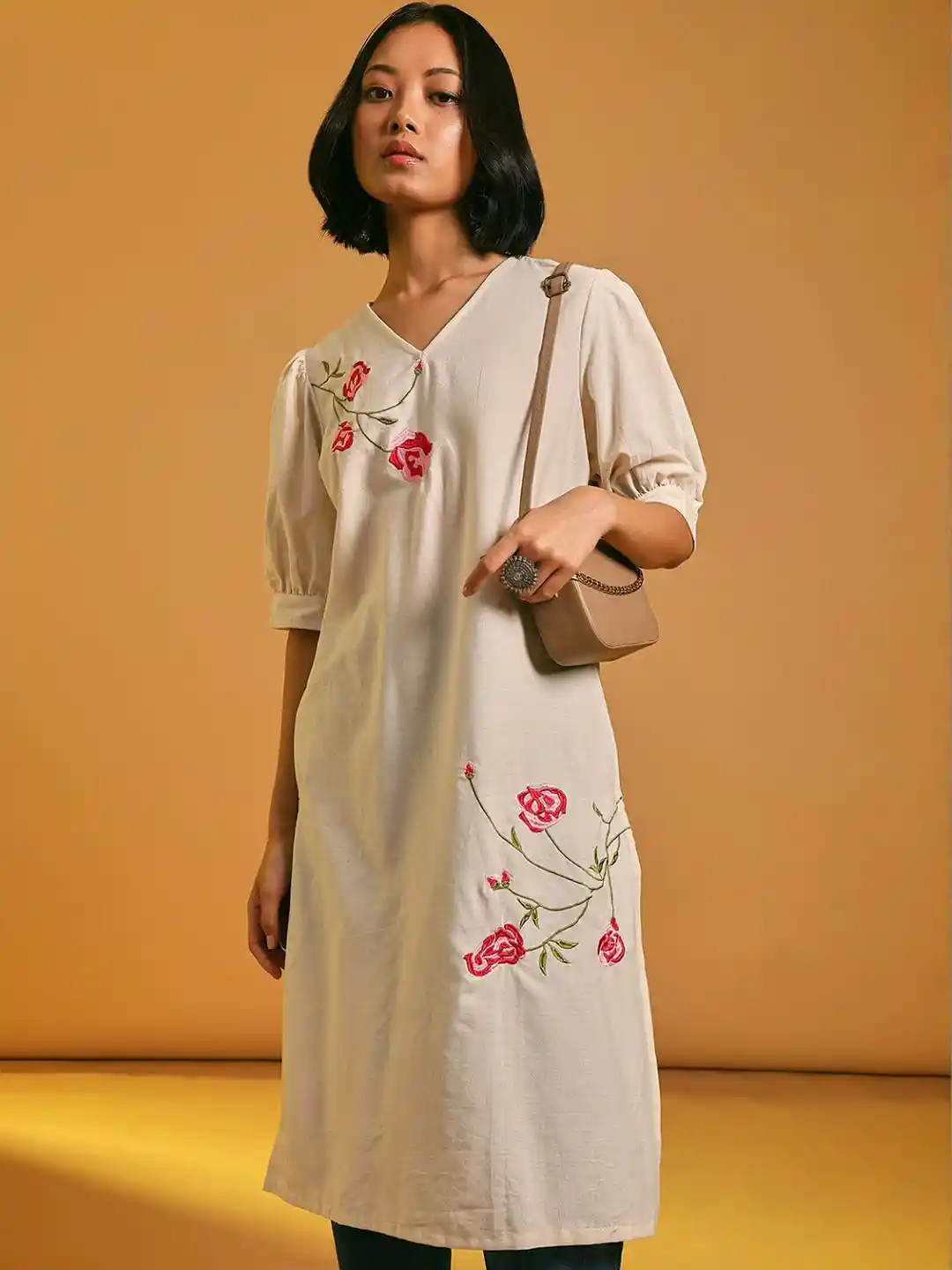 Buy Limeroad Women Ethnic Embroidered Cotton A-Line V Neck Dress