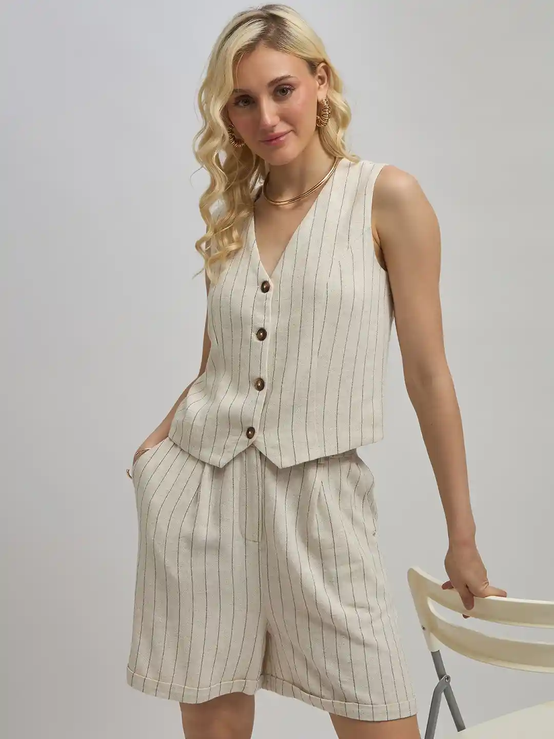 Buy Virgio Pinstripe Printed Cotton Linen V Neck Sleeveless