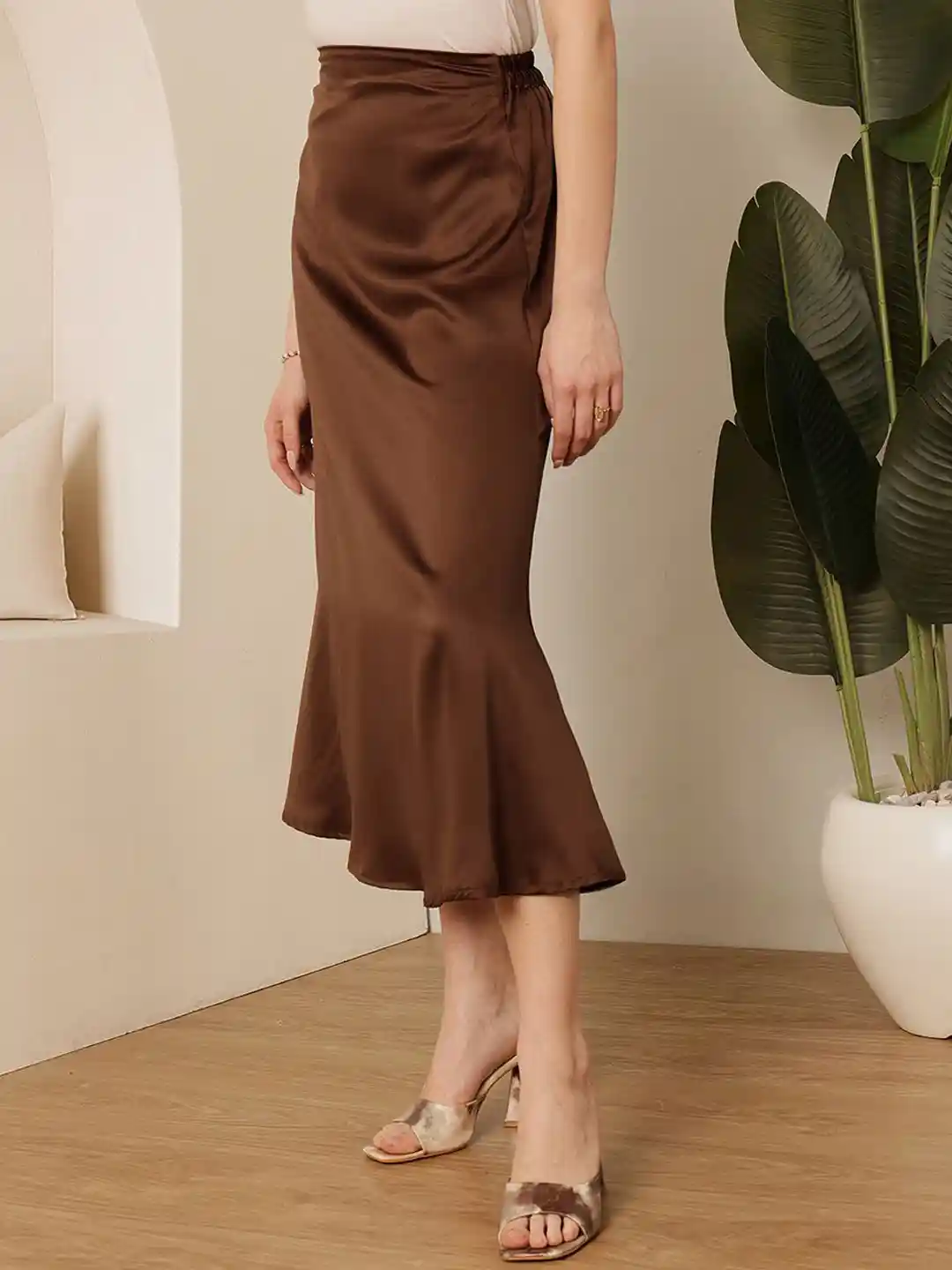 imperf Double Satin Long Skirt Brown 36 Long satin skirt with draping