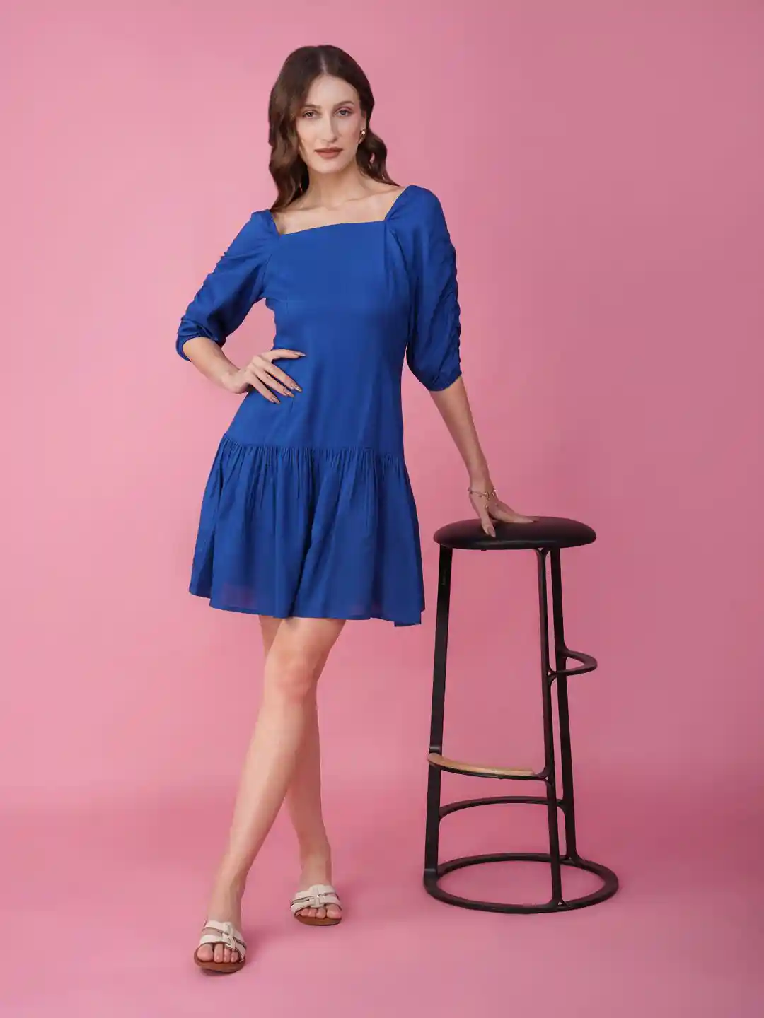 Buy HERE&NOW Women Solid Square Neck Puff Sleeve Fit Flare Midi