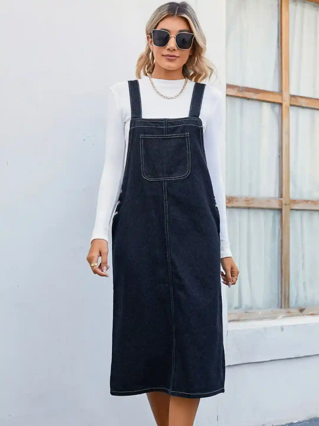 Buy Oh Rare Shoulder Straps Knee Length Pinafore Denim Dungaree