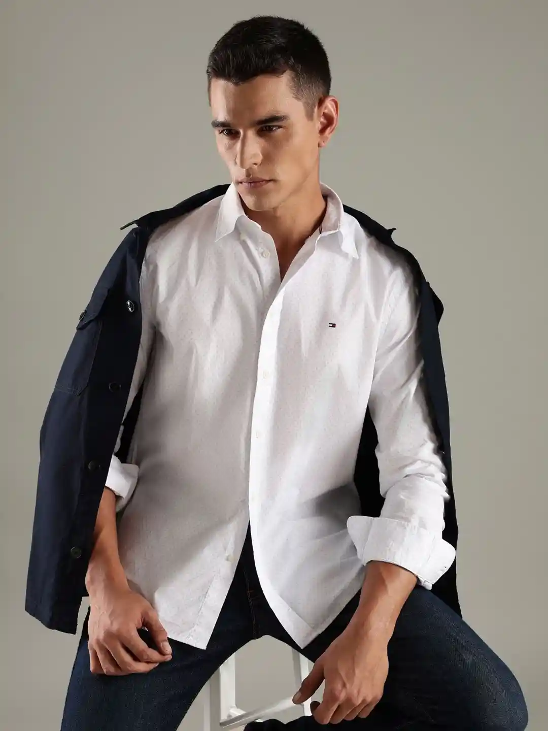 Tommy Hilfiger Men Slim Fit Textured Button-Down Collar Pure Cotton Formal  Shirt