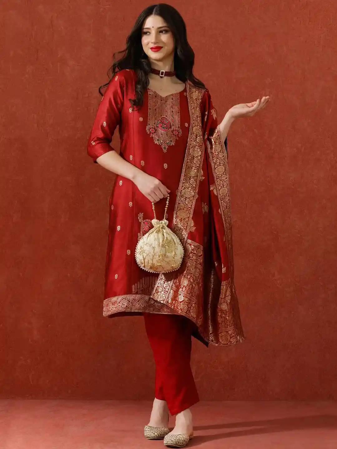 Buy QSH Woven Design A-Line Solid Festive Kurta Trousers With
