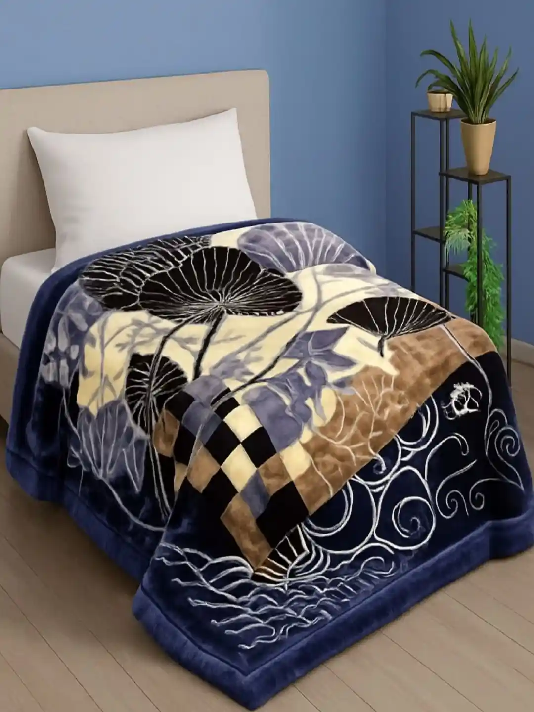 tundwal's Blue Beige Floral Mink Heavy Winter Double Bed Blanket