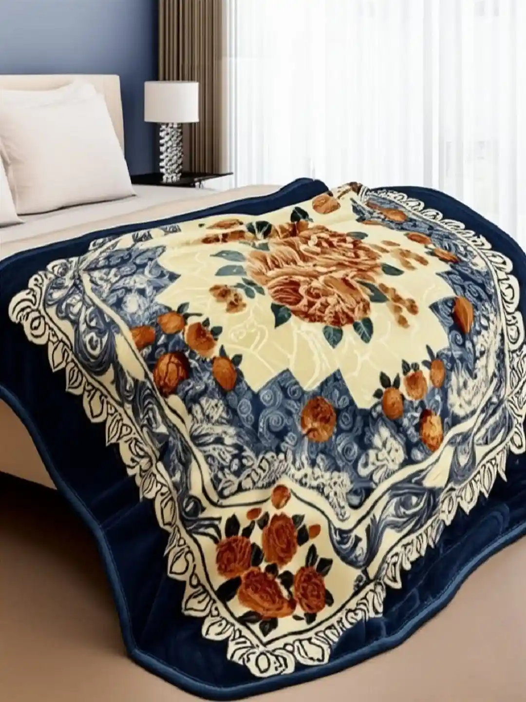tundwal's Blue Beige Floral Mink Heavy Winter Double Bed Blanket