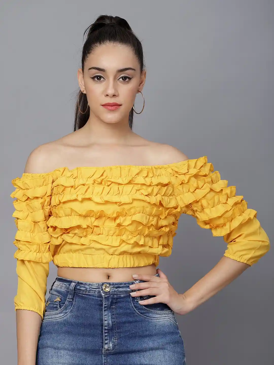 TANDUL Women Self Design Off Shoulder Smoking Crop Bardot Top