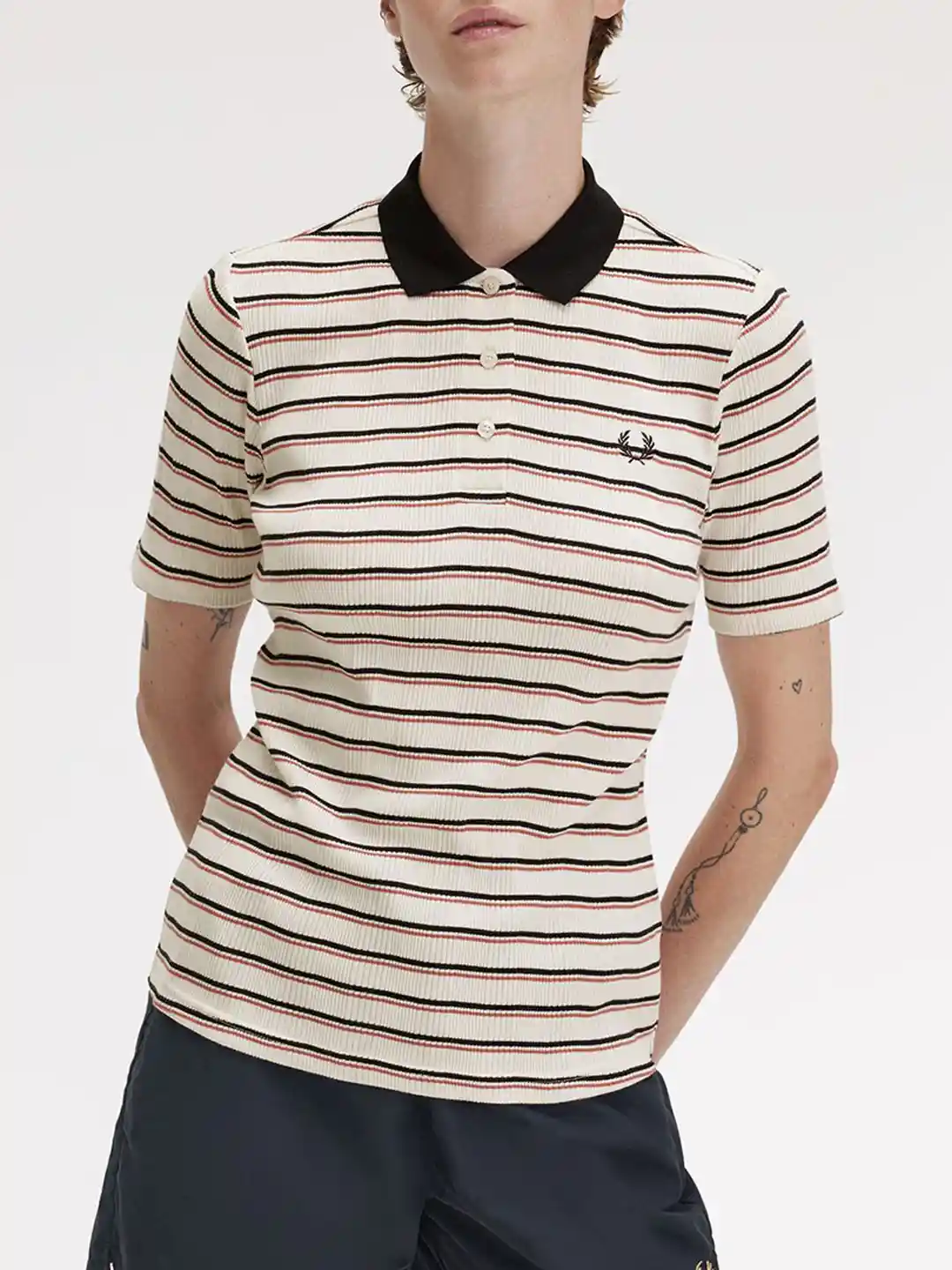 Buy Fred Perry Women Striped Polo Collar Pockets Slim Fit T-shirt