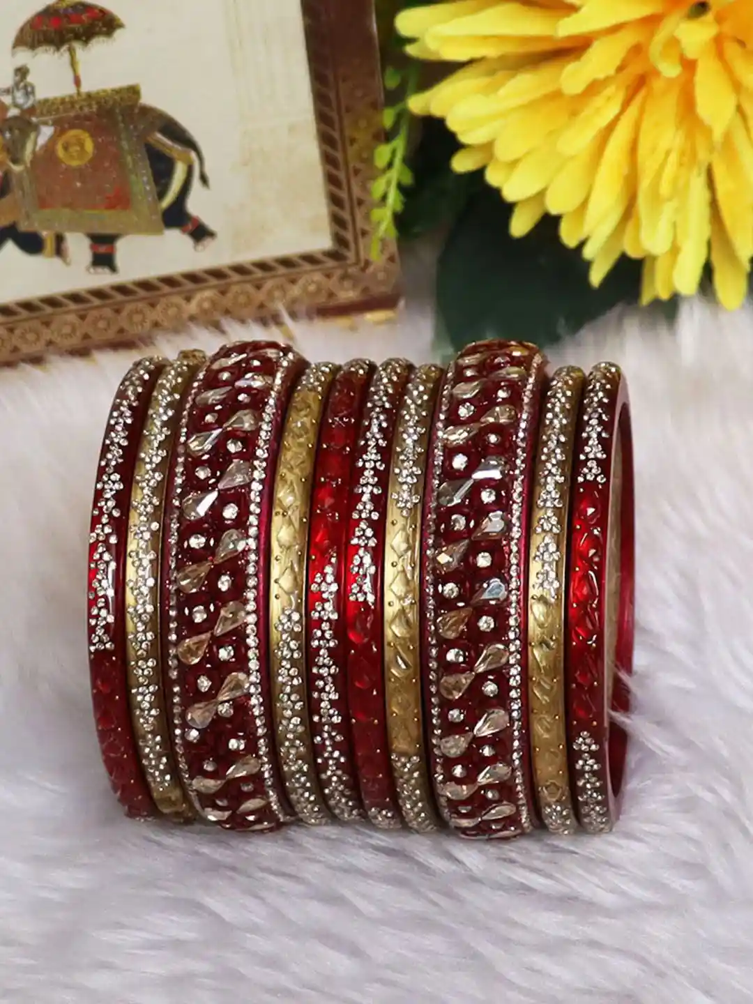 Buy TAJ BRIDAL STORE Set Of 10 Kundan Studded Bangles Bangle for - Main Image