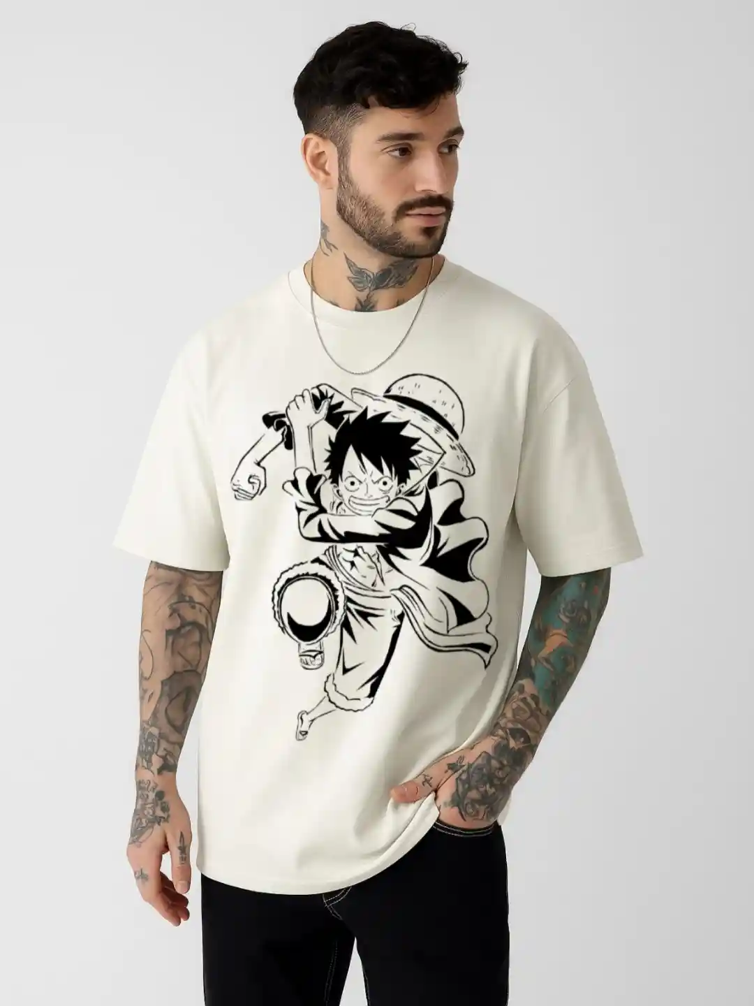 Be Crazy Men Luffy Anime Printed Oversized Round Neck Cotton T-shirt