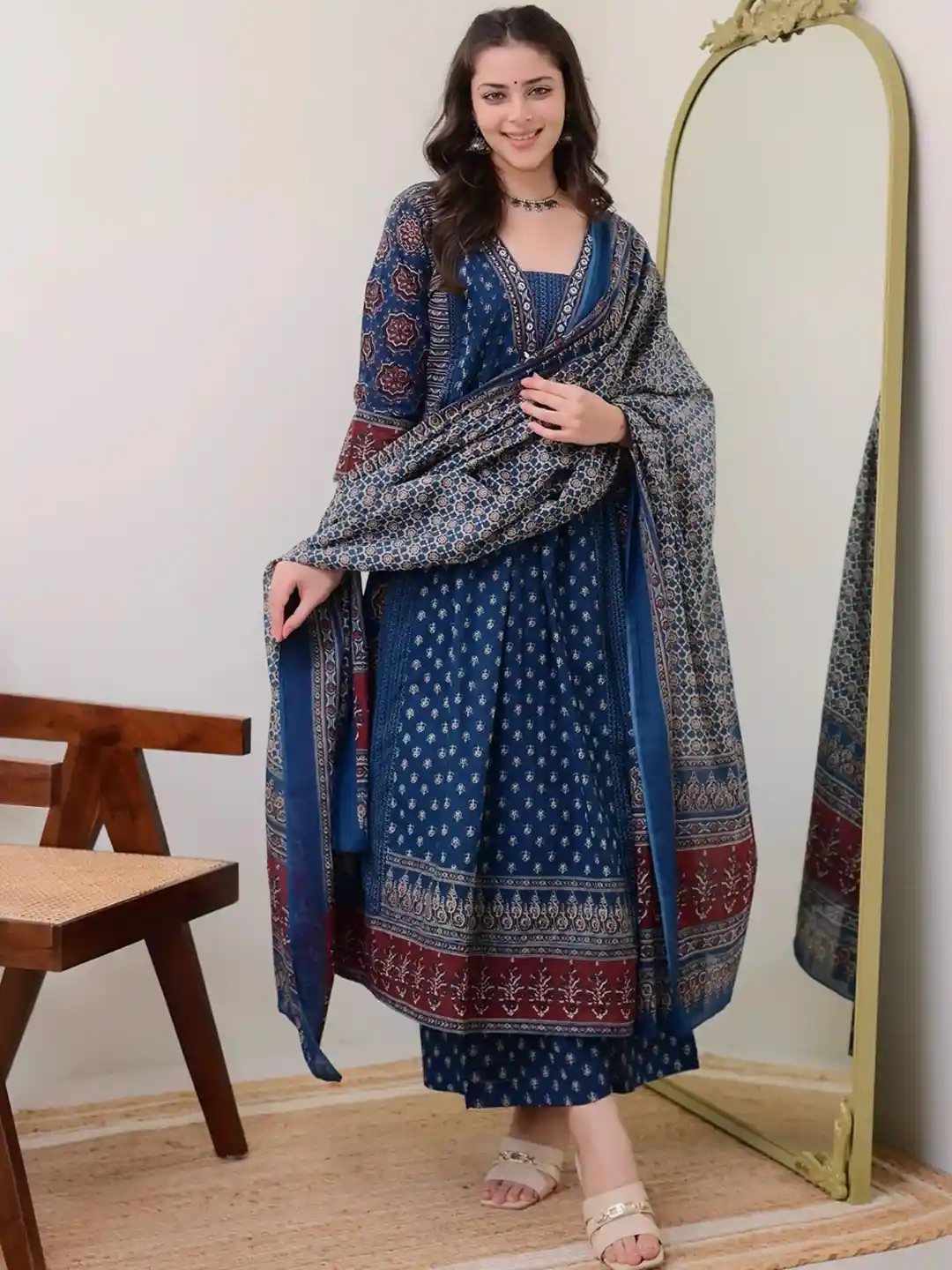 Buy KALINI Floral Printed V Neck Anarkali Kurta With Trousers