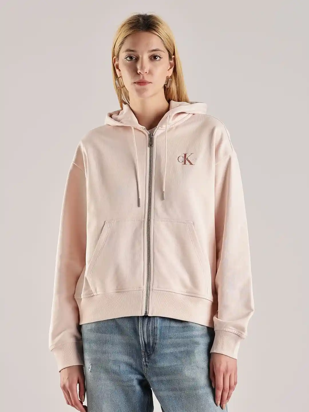 Calvin Klein Jeans Women Brand Logo Printed Front-Open Hooded Sweatshirt