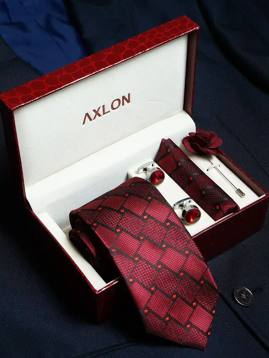 Buy Axlon Men Checked Tie, Cufflinks, Flower Pin Pocket Square