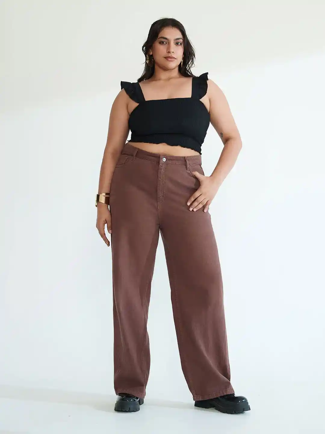 Buy FREAKINS Women Curve Brew Brown Straight Cotton Jeans Jeans