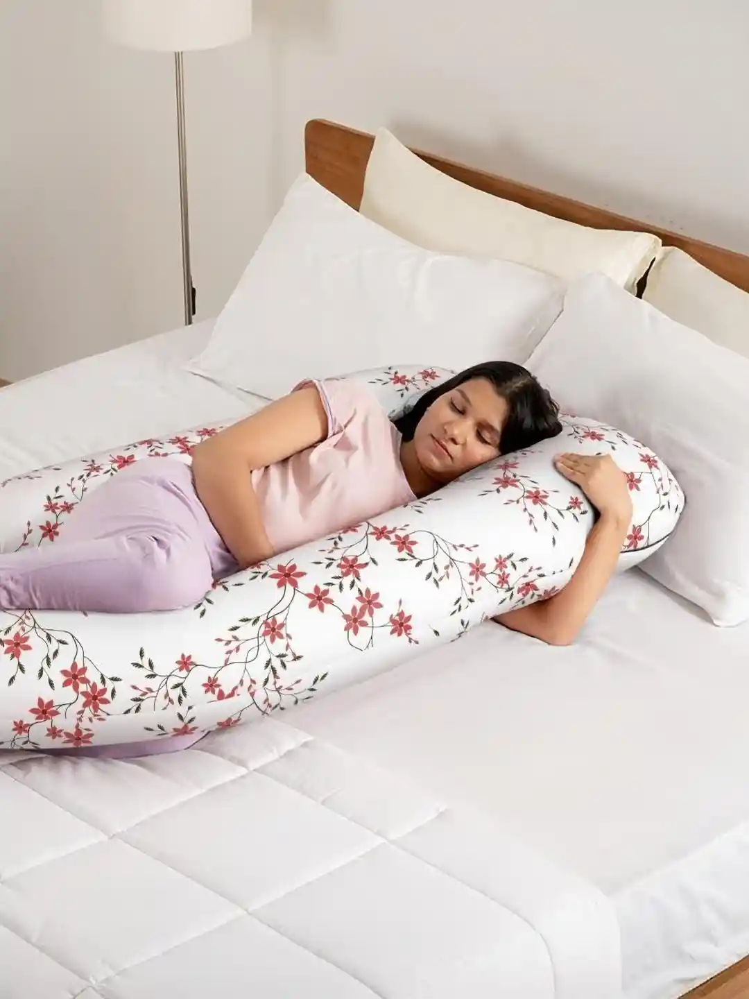 wakefit White Red Floral Printed Fibre Filled Pure Cotton J Shaped  Maternity Pillow