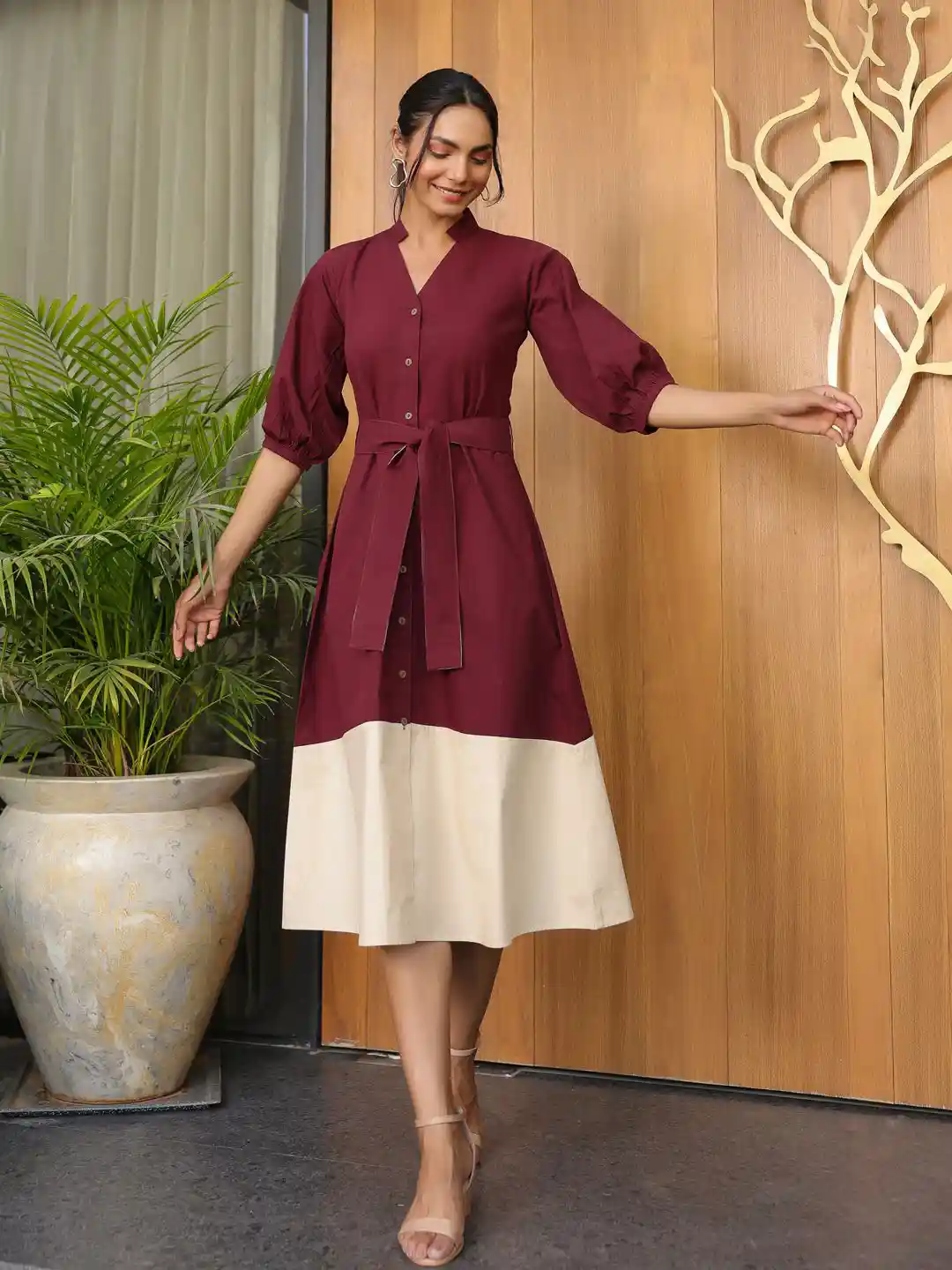 Buy B'Infinite Women Colourblocked Cotton Fit and Flare Dress