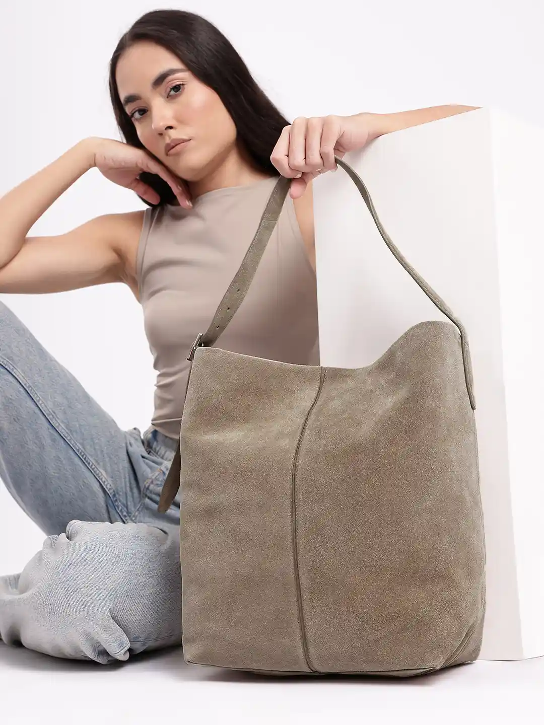 MANGO Leather Bucket Shoulder Bag with Detachable Handle