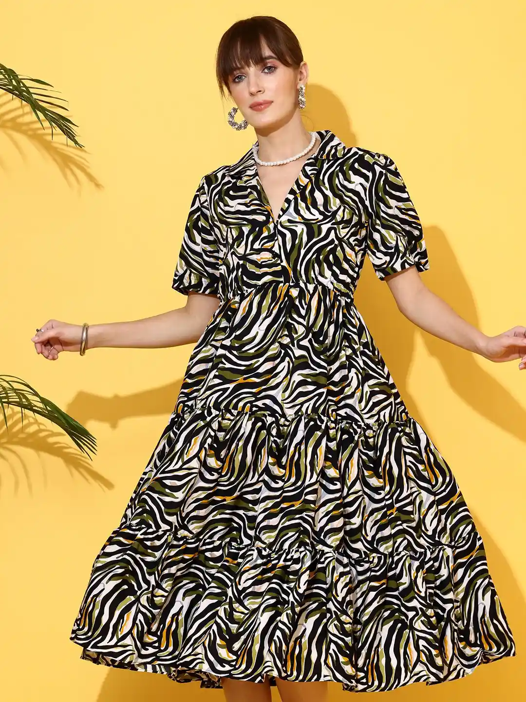 De La Moda Animal Print Crepe Shirt Midi Dress