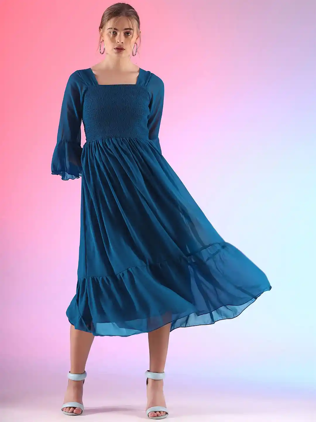 Buy De La Moda Women Square Neck Bell Sleeve Midi Fit Flare