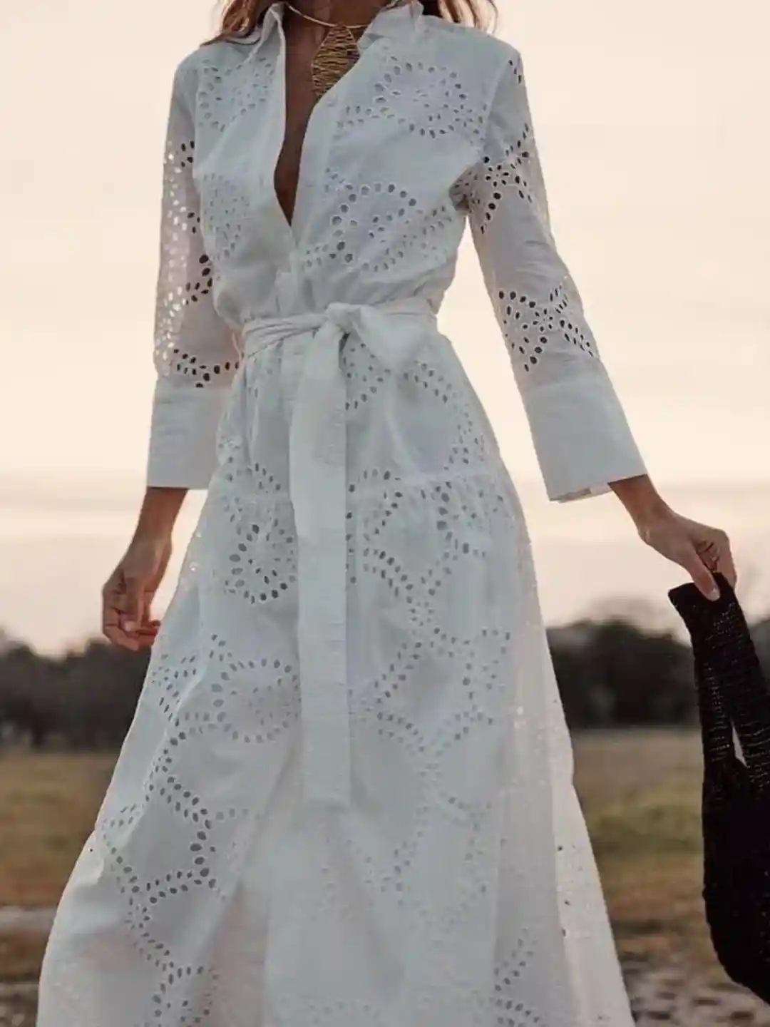 Miss Mosa By Akanksha Women White Filly Cotton Eyelet Summer Midi Dress