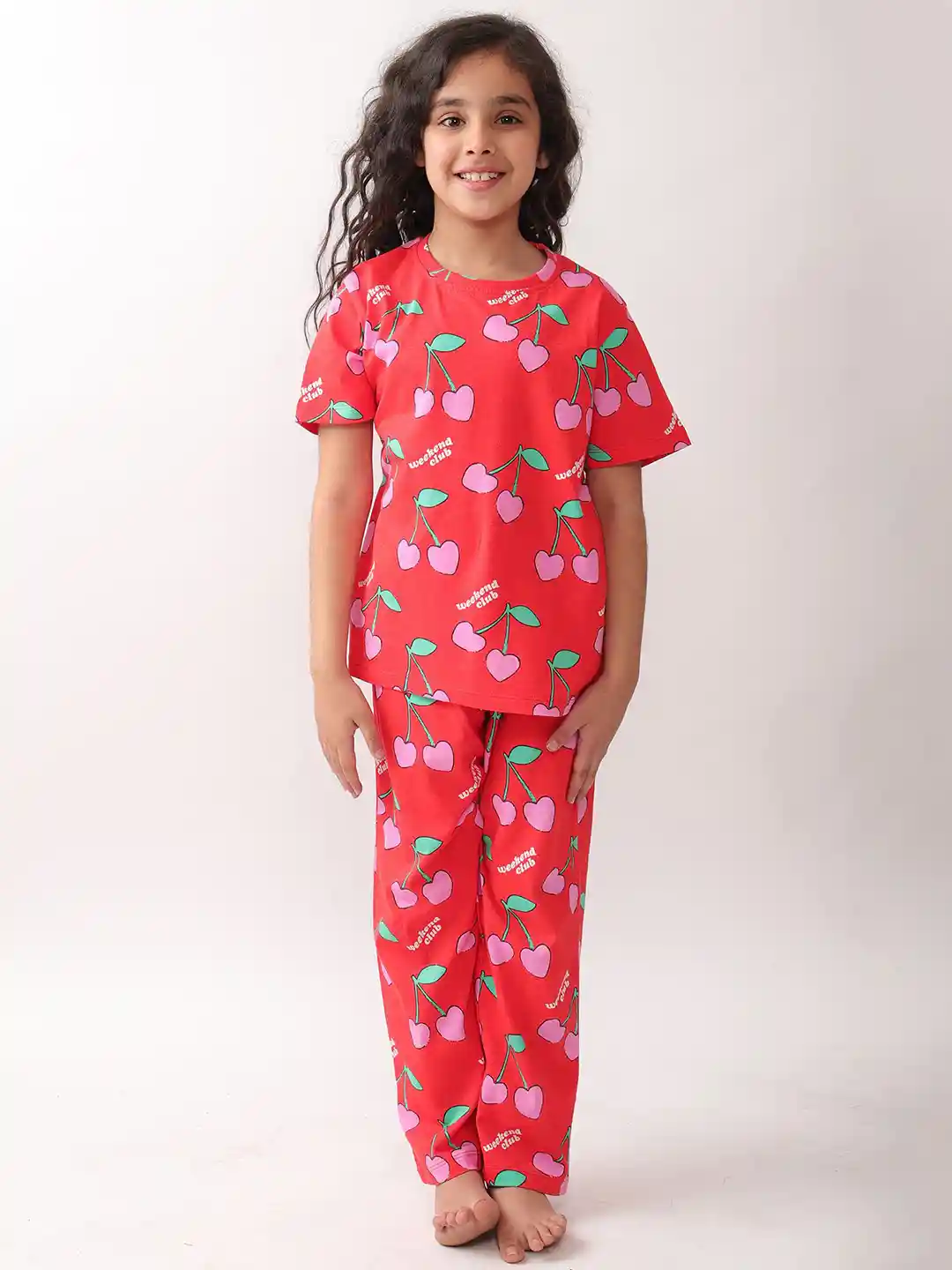 Buy Anthrilo Girls Summer Cherry Red Short Sleeves Pyjama Set