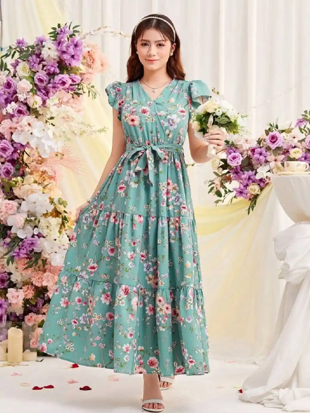 Buy BAESD Printed Tie-Ups Detail Wrap Tiered Maxi Dress Dresses