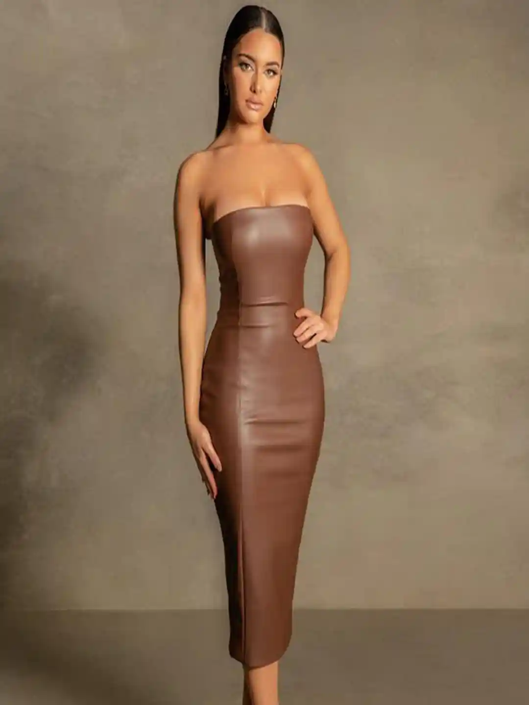 Buy bebe Brown PU Leather Strapless Bodycon Midi Dress Dresses